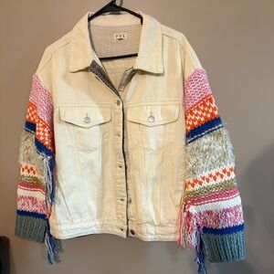 NWT POL Jacket Off-White Denim and Colorful Crochet Fringe Sleeve (Oversize S)